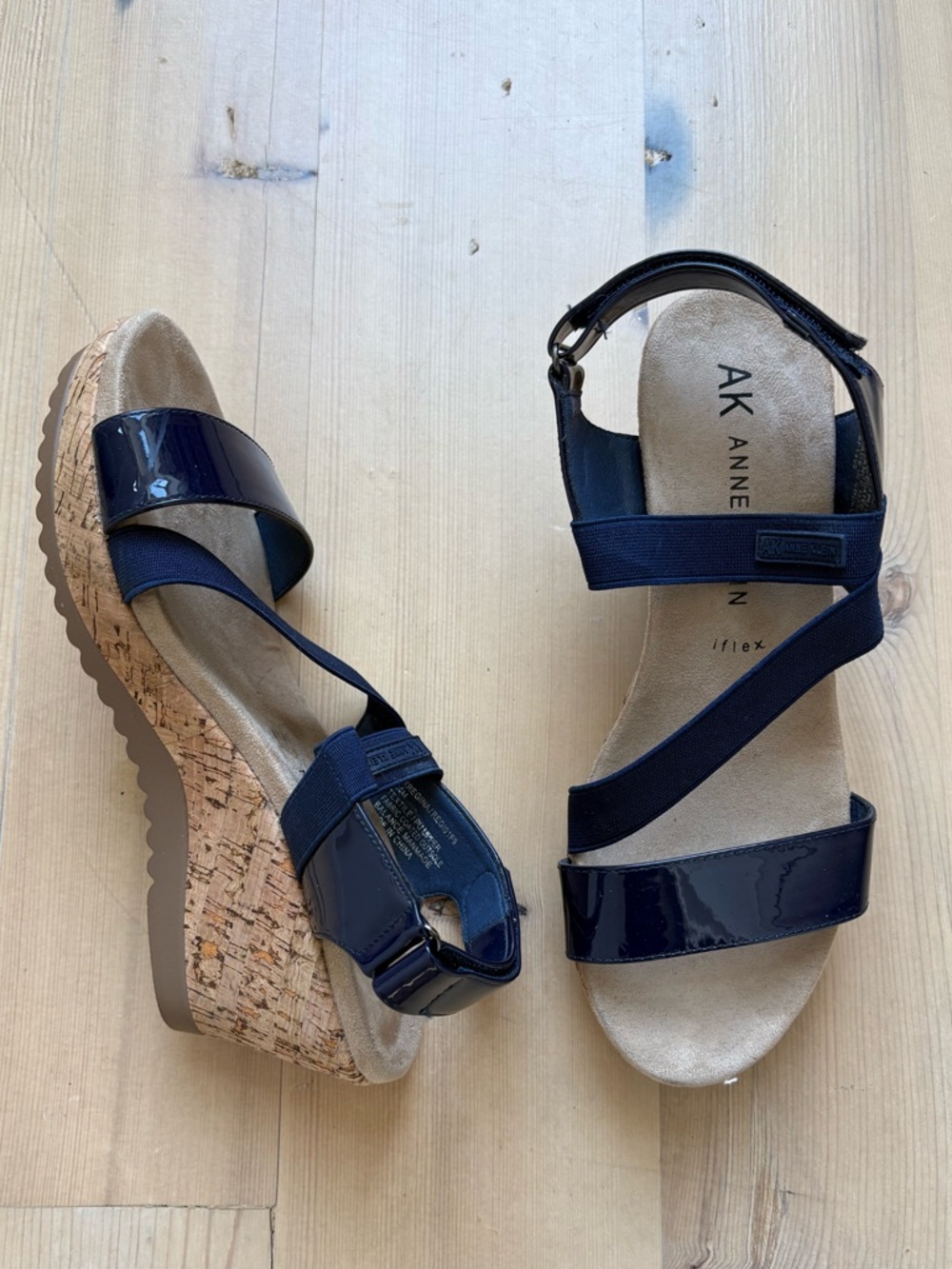 Anne Klein Regina Platform Wedge Sandal In Navy Cork Patent Elastic - Size 7.5